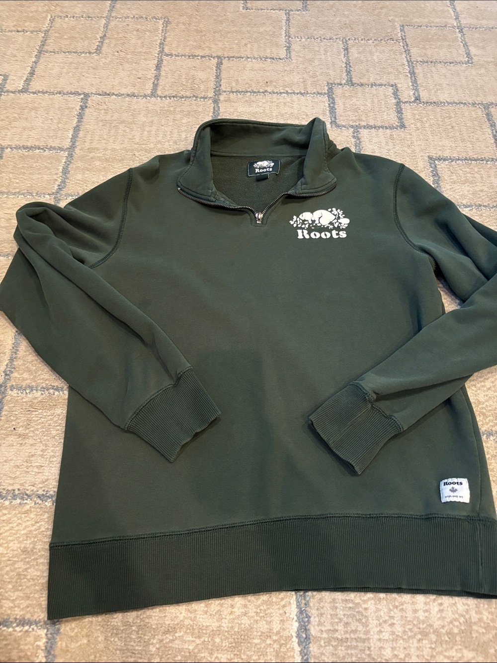 Roots Quarter-Zip Pullover in Forest Green with White Logo